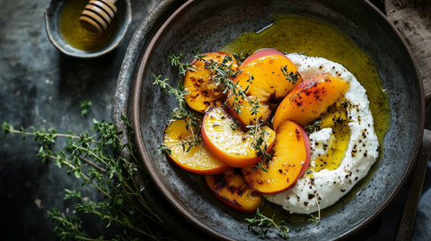 burrata and grilled peach recipe presented on a plate