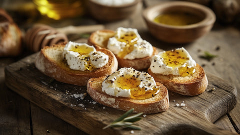 ricotta and honey crostini recipe served on a wooden board