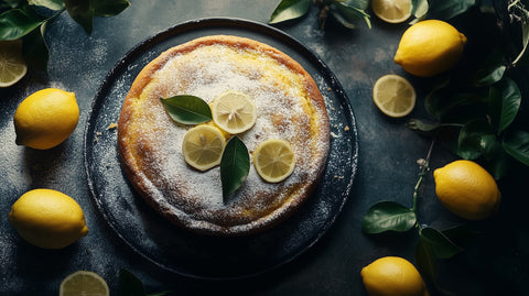 zesty lemon cake recipe showing round cake surrounded by lemons