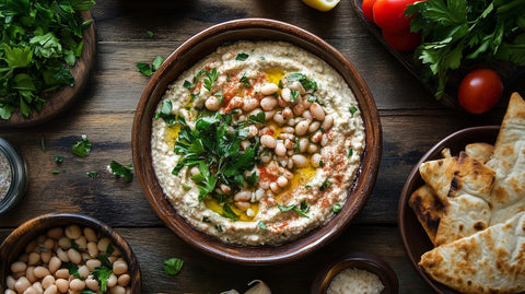 white bean dip recipe presented in a bowl with a side of flatbread