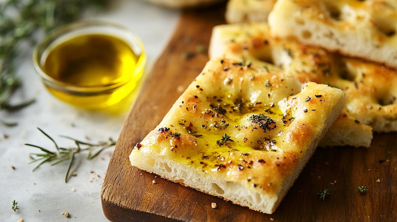 focaccia bread with small bowl of extra virgin olive oil
