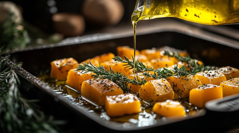 little olive oil evoo poured over butternut squash in roasting tin