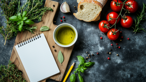 note pad, small bowl of little olive oil, fresh herbs, bread and tomatos