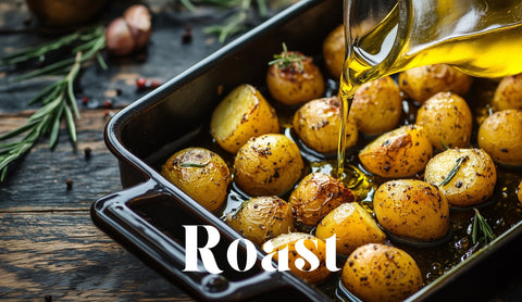 show little olive oils extra virgin olive oil being poured over roast potatoes