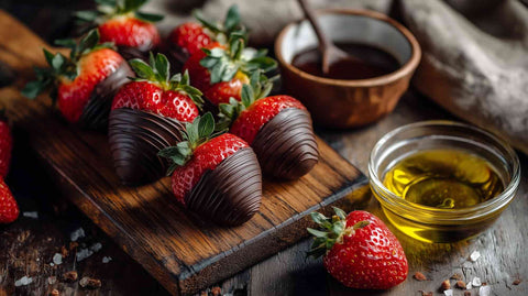 Strawberries dipped in dark chocolate next to small glass bowl of Little Olive Oil extra virgin olive oil