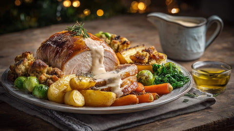 Plated roast turkey with vegetables on a wooden table, surrounded by festive decorations and extra virgin olive oil.