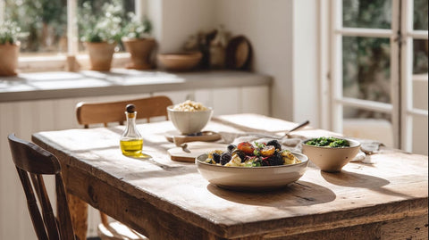 Dining table set with bowls of food and extra virgin olive oil in a bright kitchen.