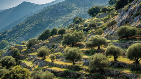 Hilly albanian landscape with olive trees and terraced fields