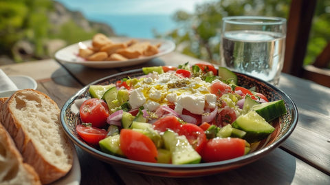 Albanian salad with tomatoes, cucumbers, and feta cheese on a plate with bread and water in the background.
