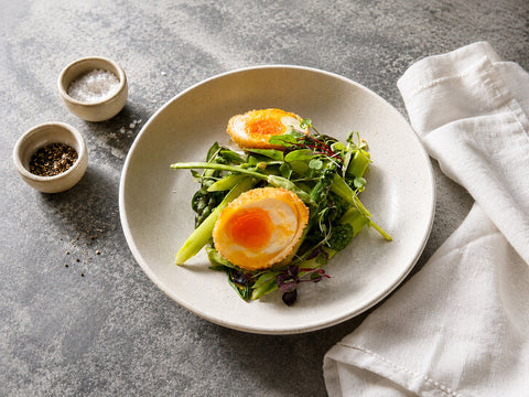 Asparagus, Jersey Royals, Crisp Fried Eggs and Wild Garlic Pesto Recipe