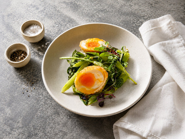 Asparagus, Jersey Royals, Crisp Fried Eggs and Wild Garlic Pesto Recipe