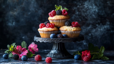 berry muffin recipe showing muffins on a cake stand