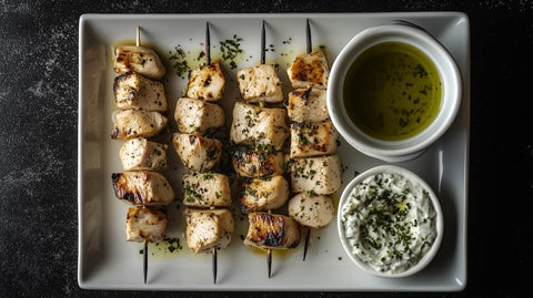 rectangle plate showing chicken souvlaki skewers with dips