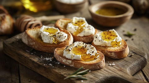  ricotta and honey crostini recipe served on a wooden board