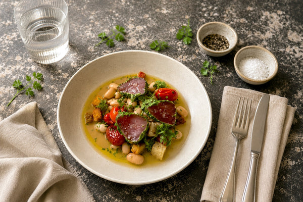 Cured Bluefin Tuna with Borlotti Beans and Datterini Tomatoes Recipe