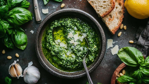 lemon basil pesto dip recipe with ingredients surrounding bowl