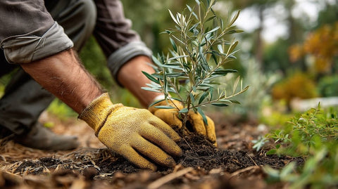 Gardener planting an olive tree in a garden