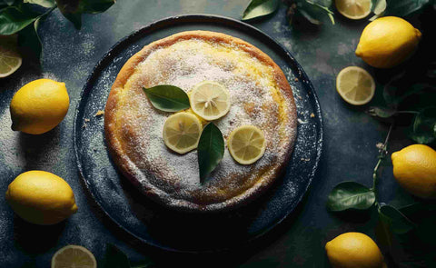 round lemon cake on a plate decorated with slices of fresh lemon and whole lemons on the counter top