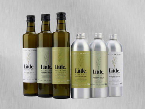 little olive oil albanian evoo collection in glass and aluminium bottles
