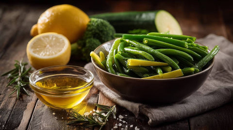 Bowl of green beans with lemons, zucchini, and extra virgin olive oil on a wooden surface