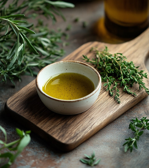 albanian extra virgin olive oil in a small bowl on wooden chopping board