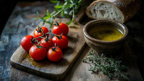 rustic chopping board with tomatoes, bread and small bowl of extra virgin olive oil for dipping