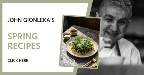 Promotional banner for John Gionleka's spring recipes