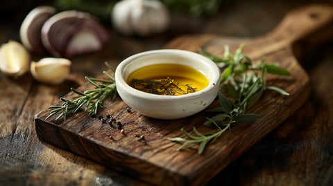 bowl of little olive oil on rustic chopping board