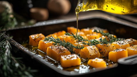little extra virgin olive oil poured over butternut in roasting pan