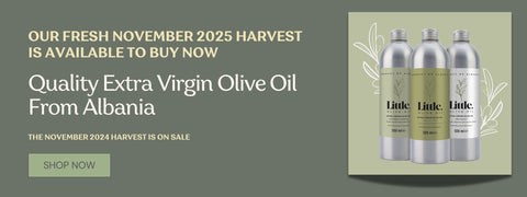 quality extra virgin olive oil from Albania with 'Little' branding on a green background.