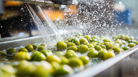 olives being washed at mill for extra virgin olive oil